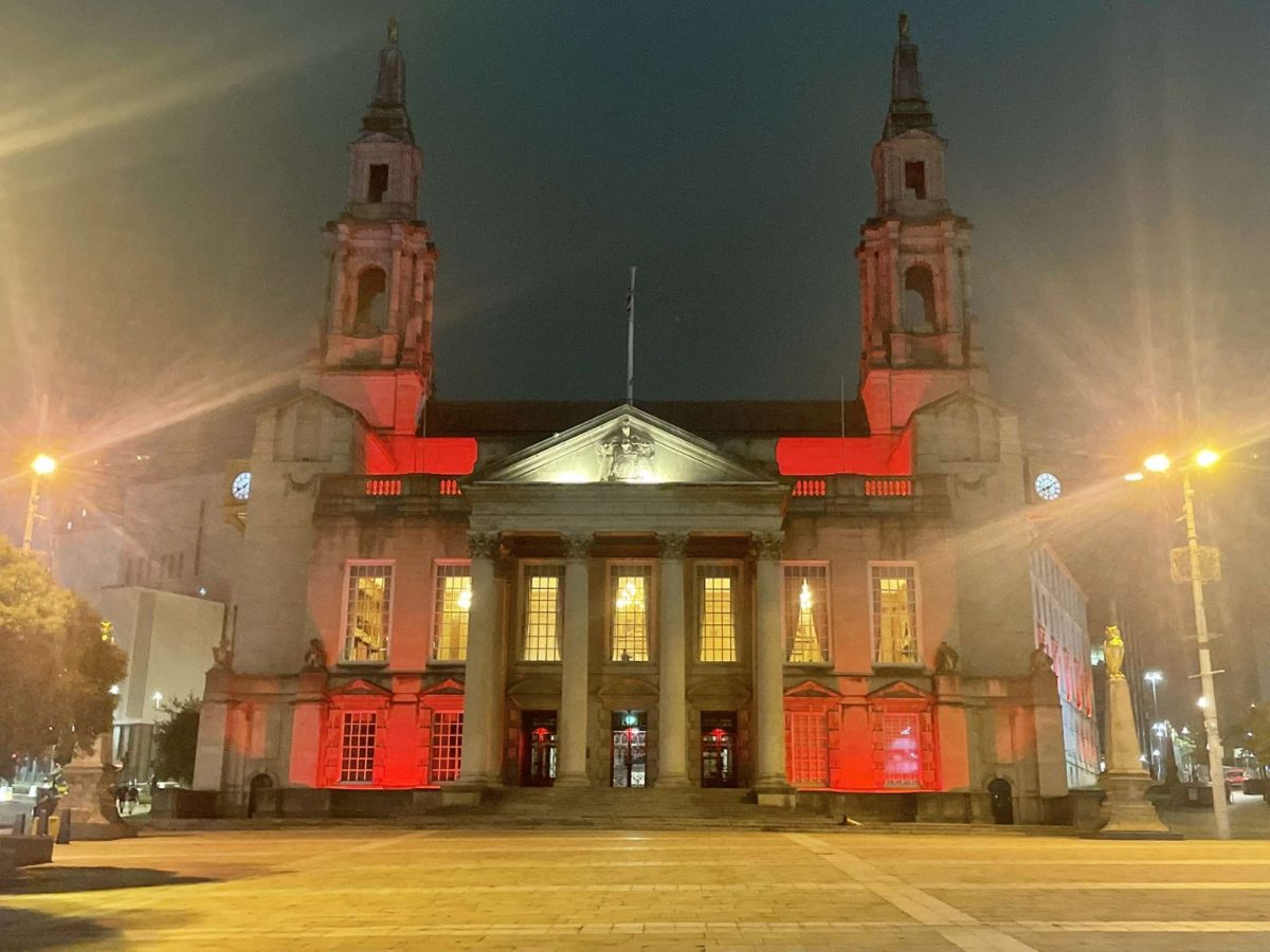 Leeds Civic Hall lit up red