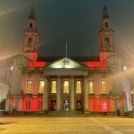 Leeds Civic Hall lit up red