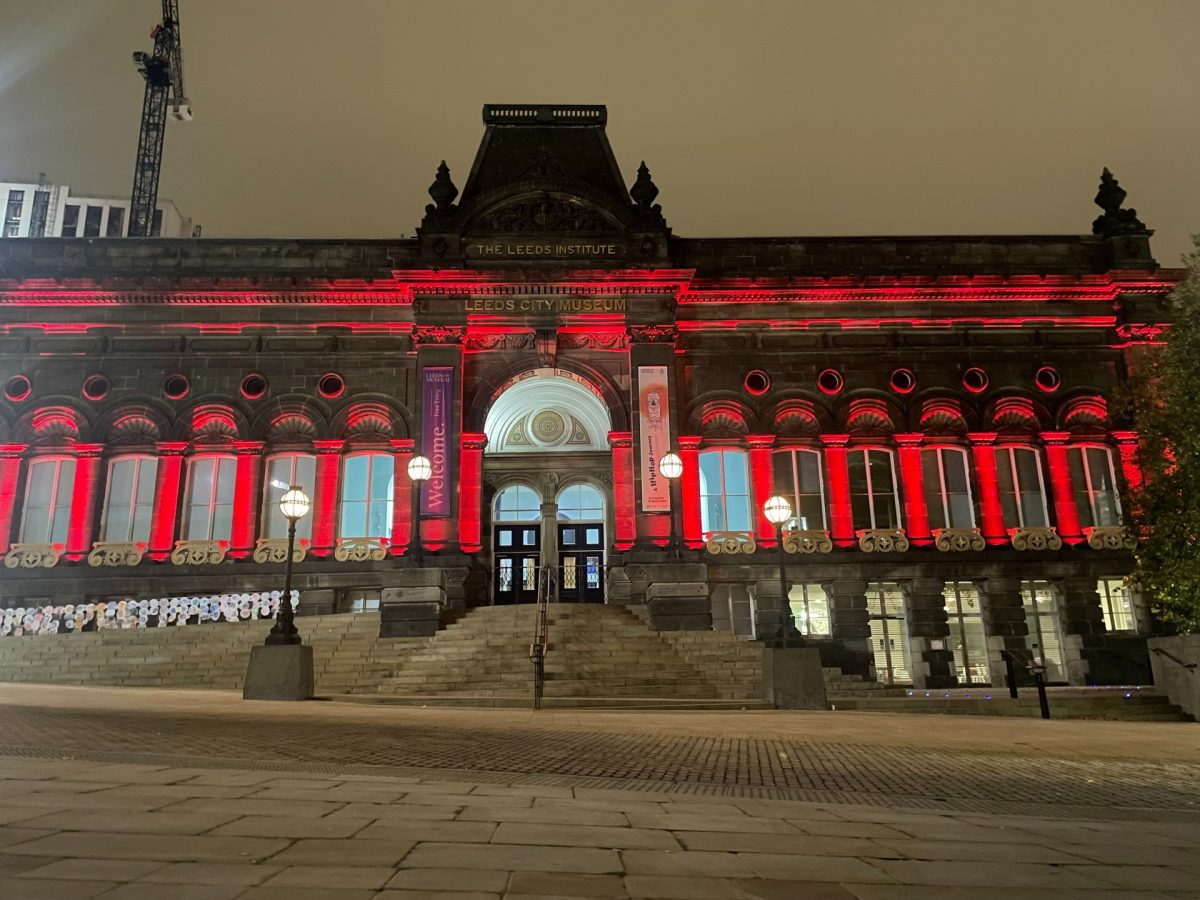 Leeds Museum lit with red