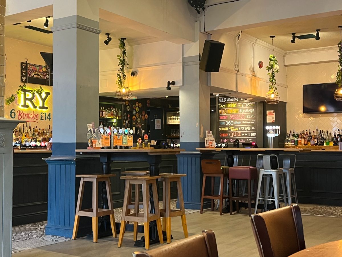 Empty pub with barstools and bar in background