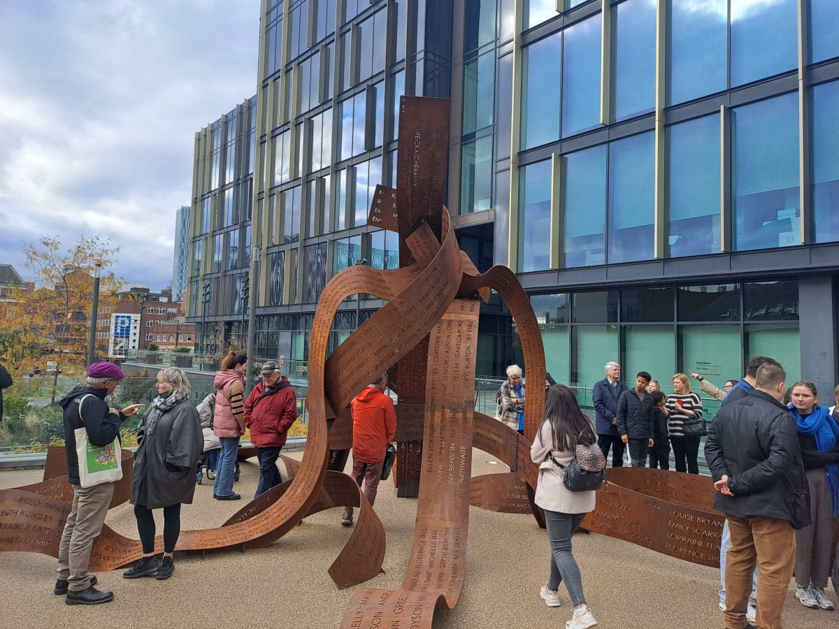 A sculpture resembling giant metal ribbons in Leeds city centre