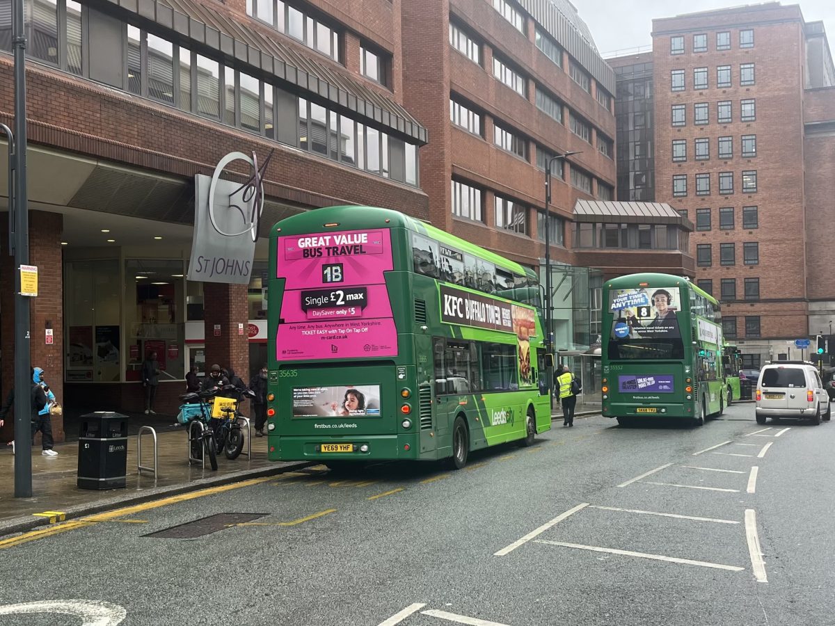 Leeds bus with a junk food advert on the side
