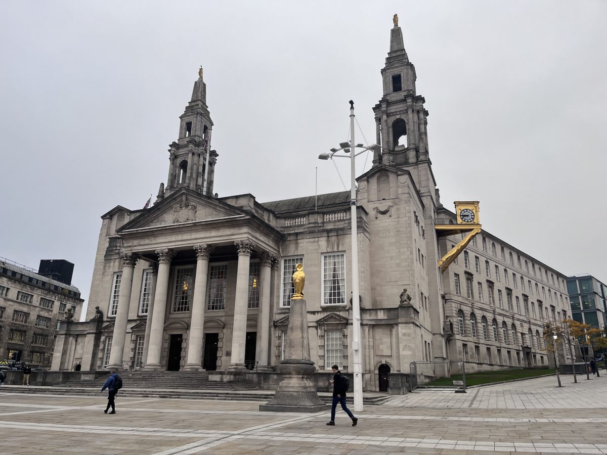 Leeds Civic Hall front view on a grey autumn day