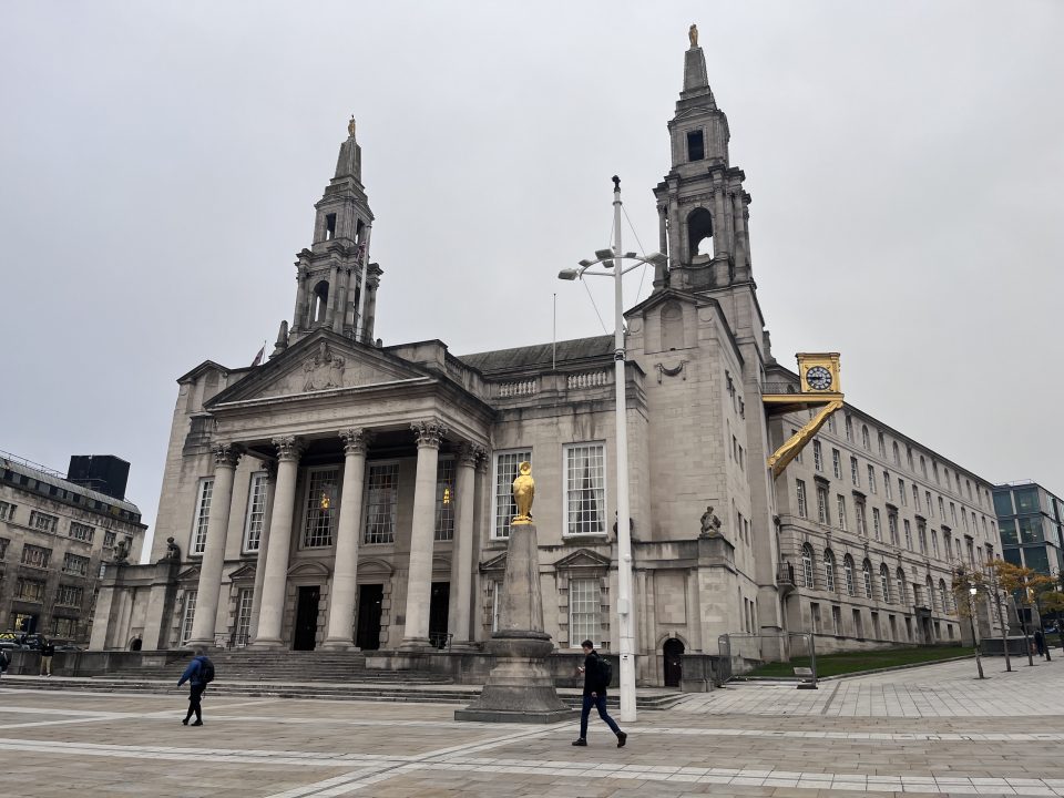 Leeds Civic Hall front view on a grey autumn day