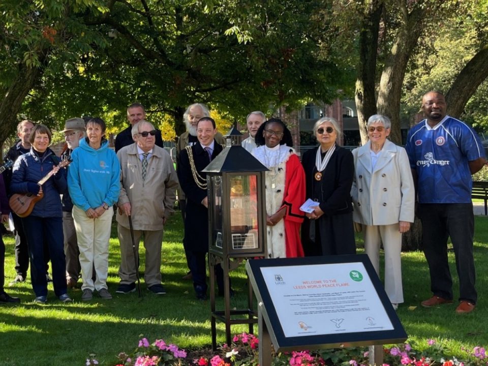 Founders of GPP, Lord Mayor of Leeds, Councillor David Blackburn, the Children's mayor Leeds, the King's representative Dr Kuldip Kaur Bharj, members of Leeds Peacelink, Garforth ukelele players and Garforth community choir in attendance at Park Square for the UN International Day of Peace on September 21.