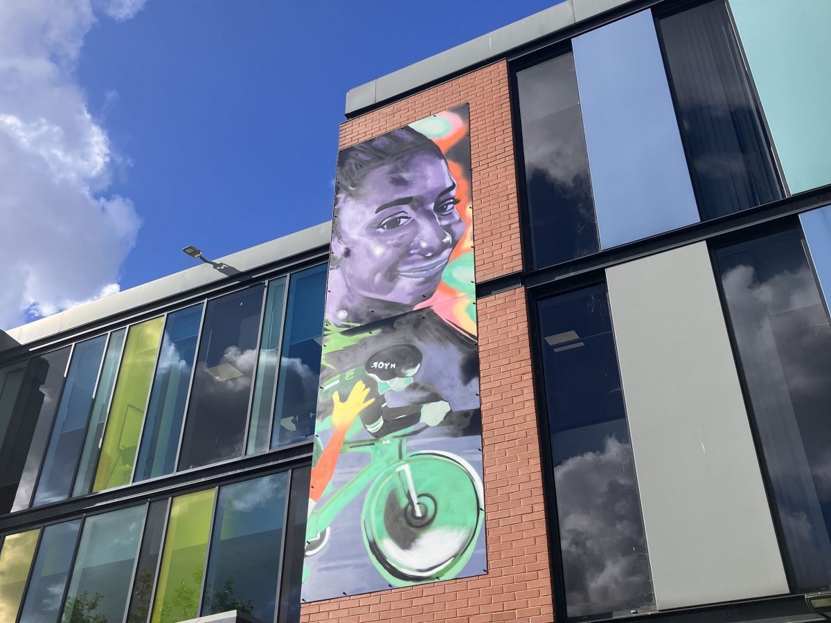 An image of a mural on a building with a blue sky and the sun shining. The mural shows a ladies face with several vibrant colours, and the sun is shining off the painting.