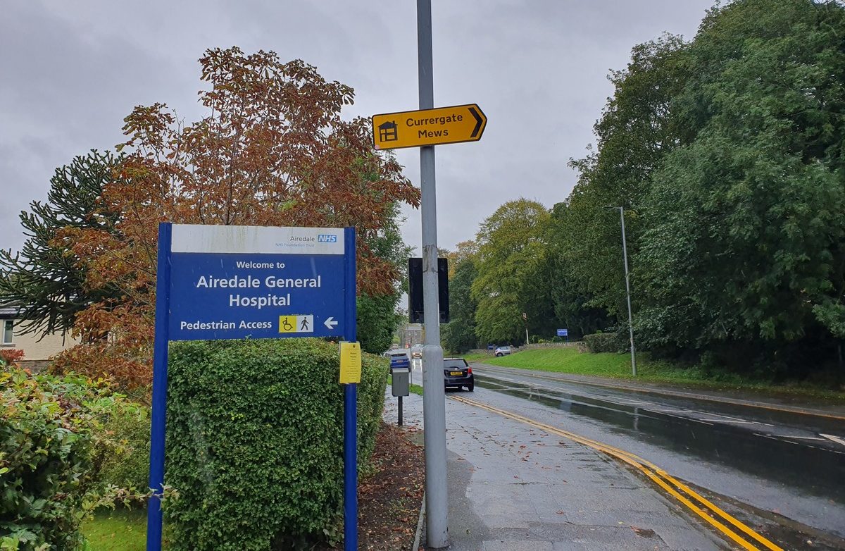 The image shows a Airedale hospital sign on Skipton Road, Steeton