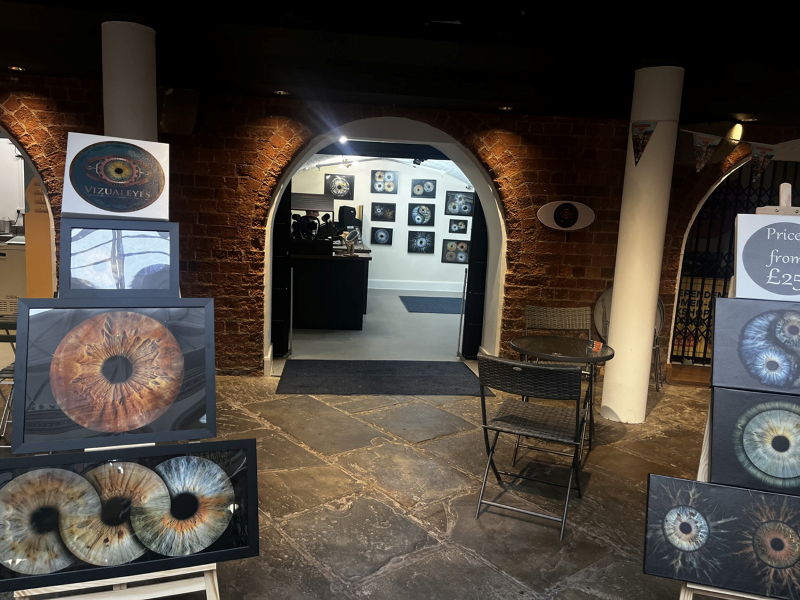 A gallery with brick walls and arched doorways showcasing large, detailed photographs of human irises, with a sign reading "VIZUALYEYES" and prices starting from £29.