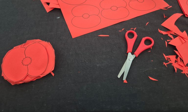 Picture of red paper poppies, litter of red paper is on the far right, with a red paper full of cuttable poppies above. being cut with red scissor.