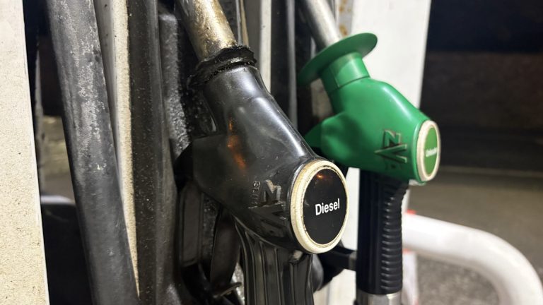 Close-up of two fuel pump nozzles, with a black nozzle labeled “Diesel” in the foreground and a green nozzle behind it.