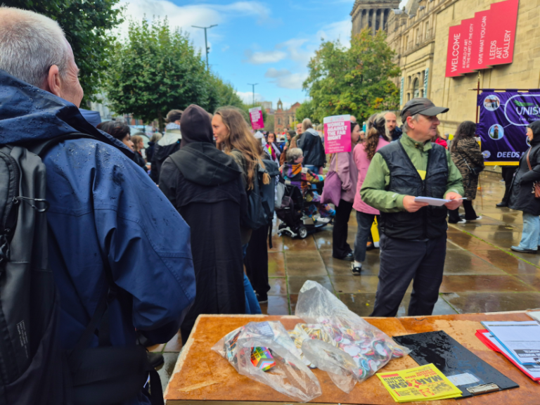 A gathering of protester at Leeds Art Gallery