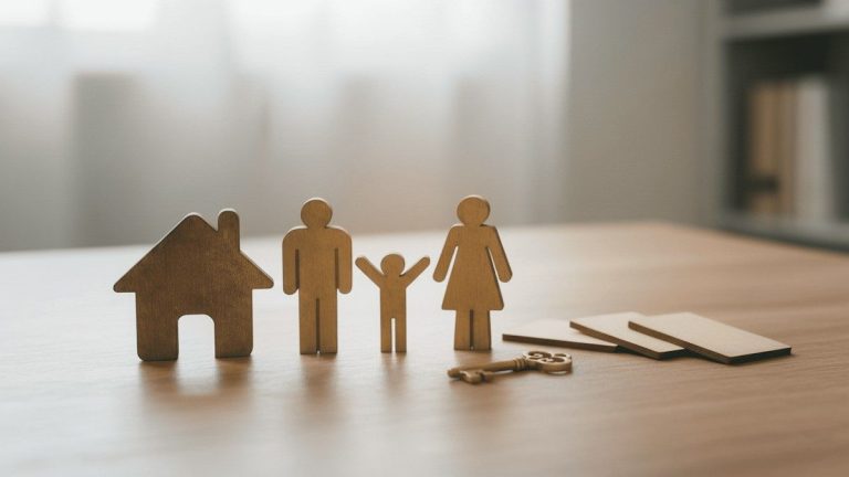Wooden family figures and house with keys on table